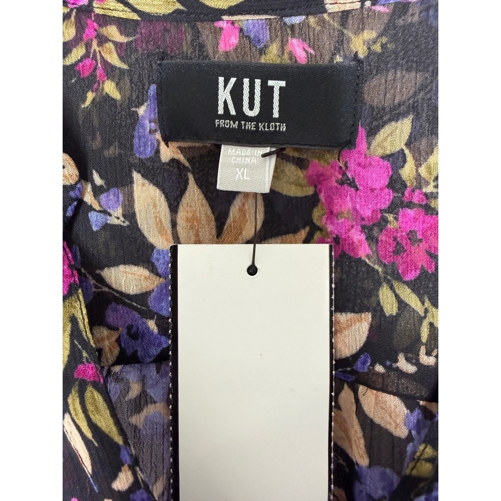 KUT From The Kloth Deep Sea Floral Sheer Blouse XL Roll Tab Boho - Picture 4 of 10